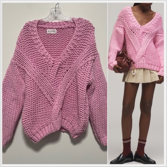 Anthropologie Sweaters - Self Contrast Anthropologie Chunky Knit V Neck Sweater Oversized Pink Small